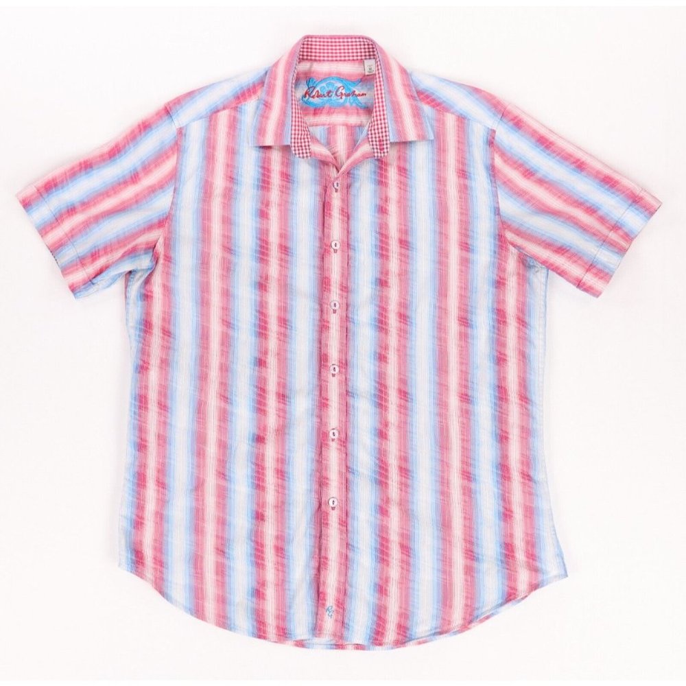 Robert Graham Pink, Blue & White Striped Short Sleeve Button-Down Shirt